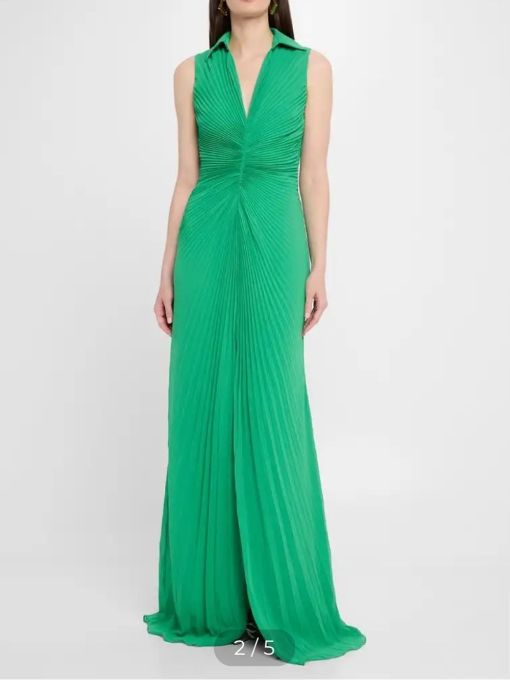 Badgley Mischka Emerald Green Sleeveless Pleated Shirt-Collar Gown